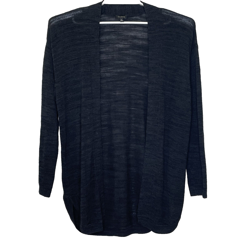 Talbots Open Front Tunic Sweater Cardigan Womens Sz Medium Black Long Sleeve
